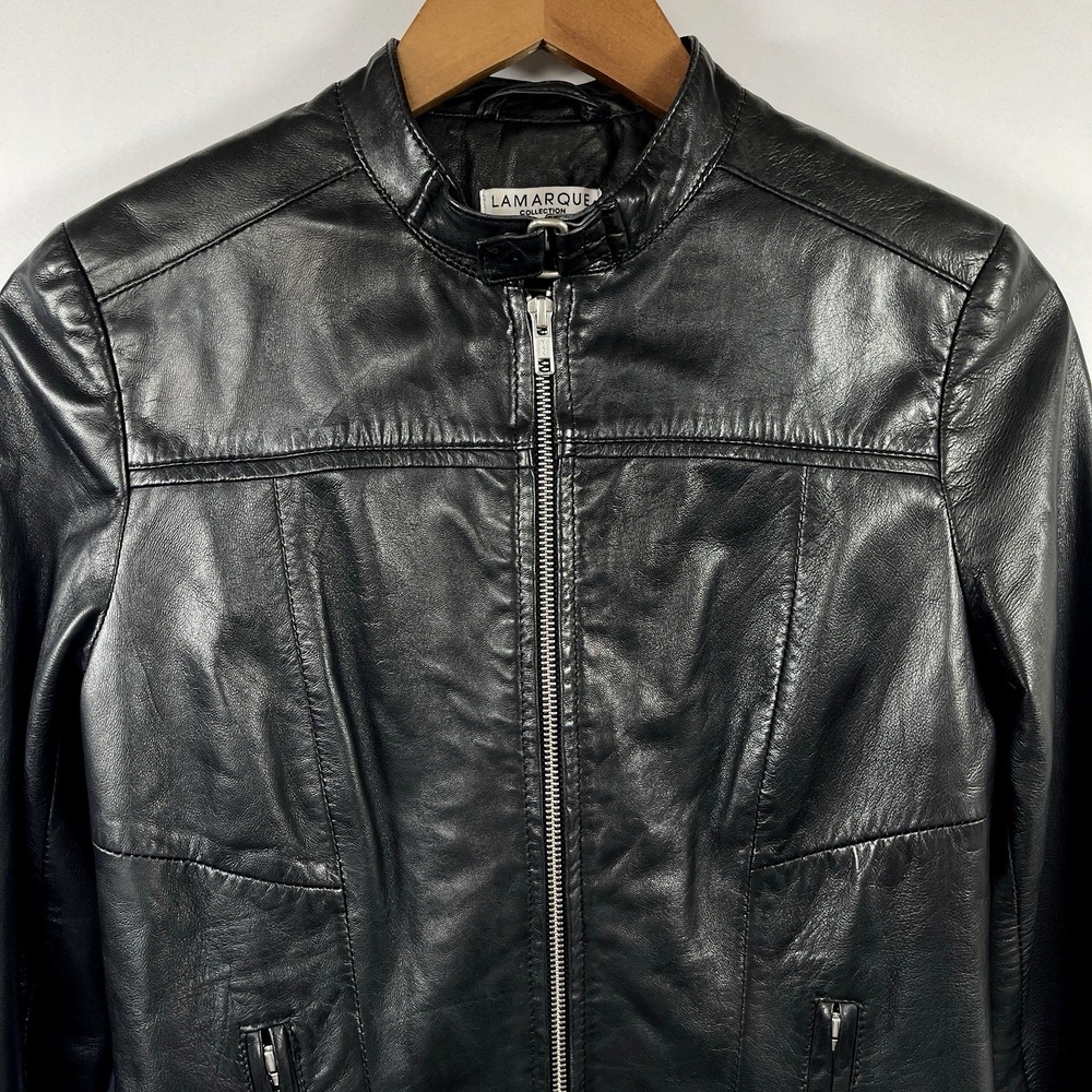 Lamarque Collection Womens Ariel 100% Leather Jacket S‎ Black Moto Biker Fitted - Picture 3 of 16